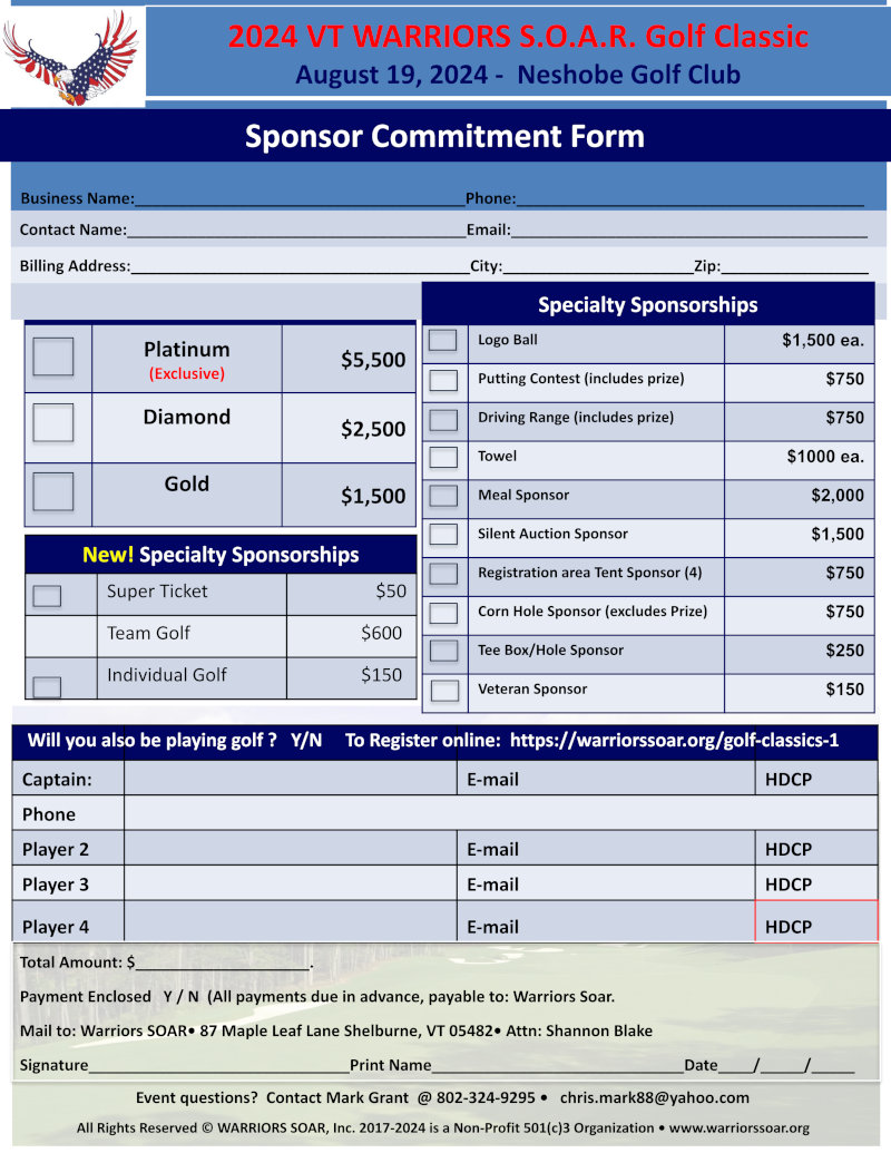 Image of sponsor commitment form for the Warriors Soar 2024 Vermont Golf Event at Neshobe Golf Course in Brandon, Vermont to benefit veterans